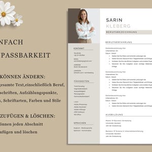 May include: A resume template with a photo of a woman, featuring sections for contact information, skills, and experience. The design is in neutral tones with text in black and gray. The text includes the words "Einfach Anpassbarkeit" and "Sie K&ouml;nnen &Auml;ndern".
