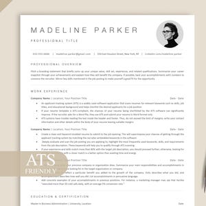 May include: A professional CV template featuring the name Madeline Parker, a circular headshot, and sections for professional overview, work experience, and education. The document includes the text ATS FRIENDLY and a gold pen lies to the right.