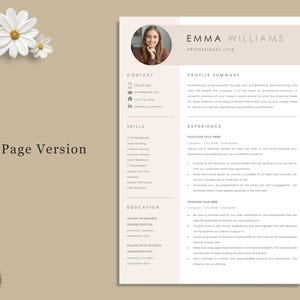 May include: A beige and white resume template with the name "EMMA WILLIAMS" at the top. The resume includes sections for contact information, skills, experience, and education. The words "1 Page Version" are in the lower left corner.