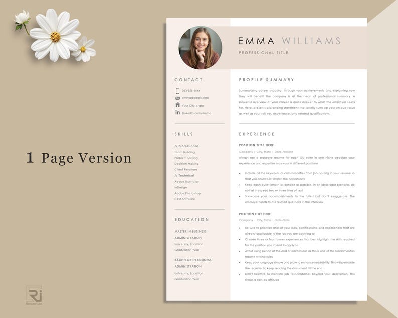 May include: A beige and white resume template with the name "EMMA WILLIAMS" at the top. The resume includes sections for contact information, skills, experience, and education. The words "1 Page Version" are in the lower left corner.