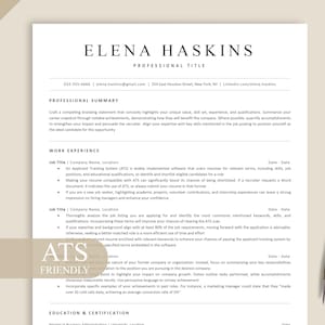 Może przedstawiać: Profesjonalny szablon CV z imieniem "ELENA HASKINS" na górze. Dokument zawiera sekcje dotyczące podsumowania zawodowego, doświadczenia zawodowego i wykształcenia. Złoty długopis spoczywa po prawej stronie strony.