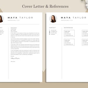 Pu&ograve; includere: Modello di curriculum vitae a due pagine con foto, informazioni di contatto e sezioni per lettera di presentazione e referenze. Il testo include il nome "MAYA TAYLOR" e il titolo "PROFESSIONAL TITLE". Design minimalista su sfondo beige.