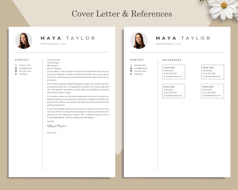 Pu&ograve; includere: Modello di curriculum vitae a due pagine con foto, informazioni di contatto e sezioni per lettera di presentazione e referenze. Il testo include il nome "MAYA TAYLOR" e il titolo "PROFESSIONAL TITLE". Design minimalista su sfondo beige.