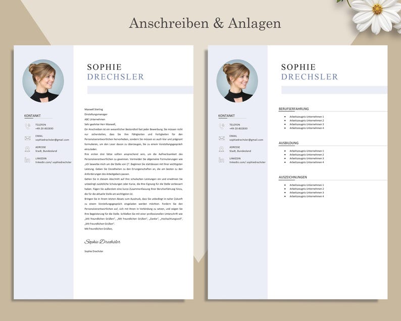 K&ouml;nnte beinhalten: Eine zweiseitige Lebenslaufvorlage mit professionellem Design. Die linke Seite zeigt ein Kopfbild, Kontaktinformationen und eine detaillierte Zusammenfassung. Die rechte Seite listet Erfahrung, Ausbildung und Auszeichnungen auf. Der Name "Sophie Drechsler" ist prominent dargestellt.