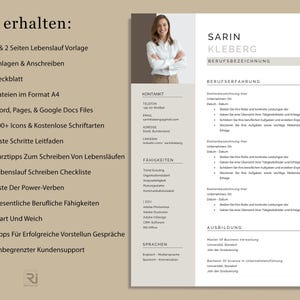 May include: A resume template with a professional design. The document includes sections for contact information, skills, and work experience. The text includes the name Sarin Kleberg, and the phrase "Berufserfahrung". The template is designed to be used with Word, Pages, and Google Docs.