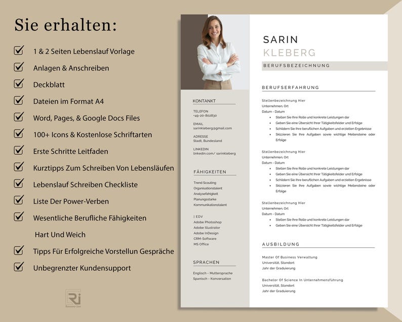 May include: A resume template with a professional design. The document includes sections for contact information, skills, and work experience. The text includes the name Sarin Kleberg, and the phrase "Berufserfahrung". The template is designed to be used with Word, Pages, and Google Docs.
