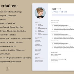 K&ouml;nnte beinhalten: Ein Lebenslauf-Template mit den Informationen von Sophie Drechsler, mit Abschnitten f&uuml;r Kontakt, F&auml;higkeiten und Erfahrung. Das Dokument enth&auml;lt eine Liste von Funktionen, wie Vorlagen, Icons und Anleitungen.