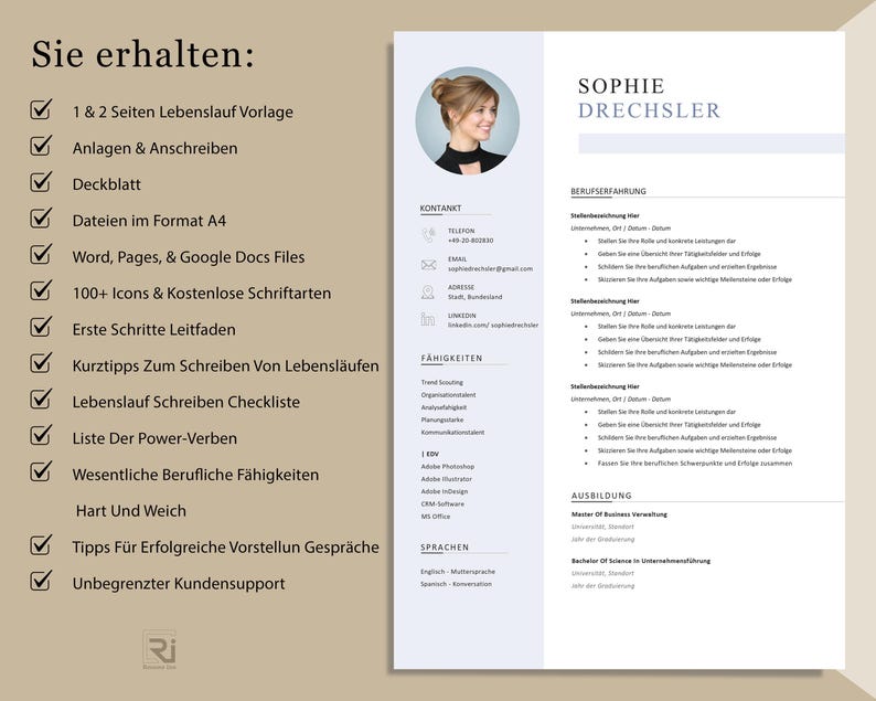 K&ouml;nnte beinhalten: Ein Lebenslauf-Template mit den Informationen von Sophie Drechsler, mit Abschnitten f&uuml;r Kontakt, F&auml;higkeiten und Erfahrung. Das Dokument enth&auml;lt eine Liste von Funktionen, wie Vorlagen, Icons und Anleitungen.
