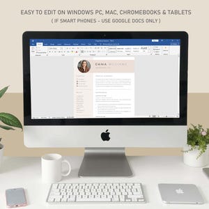 May include: A desktop computer displays a resume template with the name "EMMA WILLIAMS". The screen shows a Word document with text and a photo. The text at the top reads "EASY TO EDIT ON WINDOWS PC, MAC, CHROMEBOOKS & TABLETS". A keyboard, mouse, and phone are on the desk.