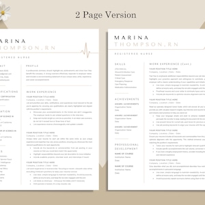 May include: A two-page resume template for a Registered Nurse, featuring a clean, minimalist design with a beige background and elegant typography. The resume includes sections for contact information, skills, work experience, and education.
