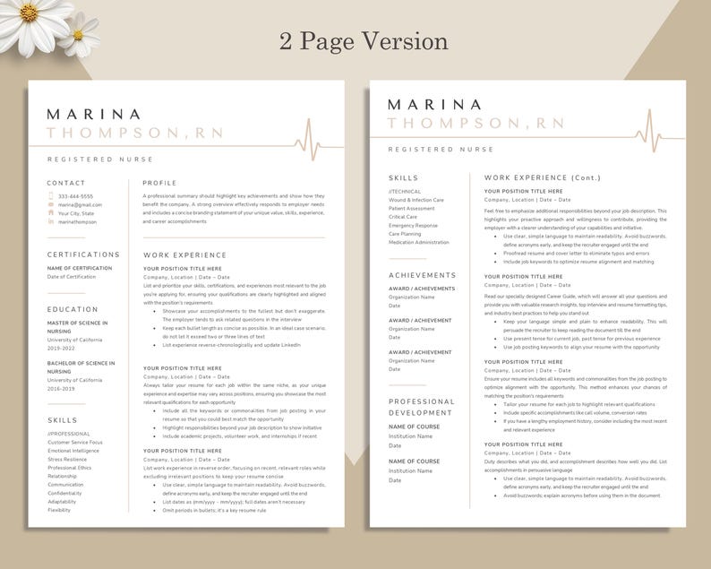 May include: A two-page resume template for a Registered Nurse, featuring a clean, minimalist design with a beige background and elegant typography. The resume includes sections for contact information, skills, work experience, and education.