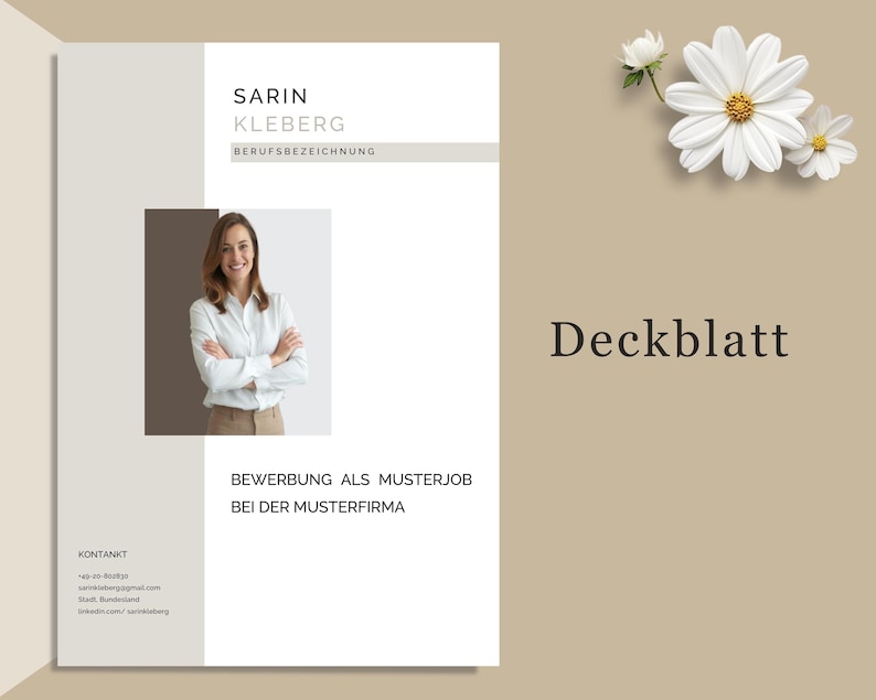 May include: A professional resume template with a photo of a woman in a white shirt. The document features the name "SARIN KLEBERG" and the word "Deckblatt". The background is a mix of white, gray, and beige.