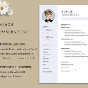K&ouml;nnte beinhalten: Eine professionelle Lebenslaufvorlage mit einem Kopfbild, Kontaktdaten und Abschnitten f&uuml;r F&auml;higkeiten, Erfahrung und Ausbildung. Das Design ist sauber mit einem hellen Hintergrund und floralen Akzenten. Der Text enth&auml;lt "Sophie Drechsler", "Kontakt", "F&auml;higkeiten" und "Erfahrung".