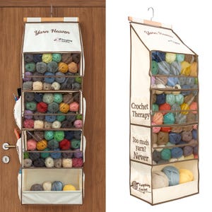 May include: A hanging yarn organizer with multiple clear pockets filled with colorful yarn balls. The organizer is cream-colored with brown trim and features the text "Yarn Heaven" and "Everything Crochet".