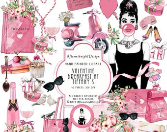 VALENTINE Breakfast at Tiffanys Clipart, Fashion Clipart Audrey Hepburn Illustration  Girls Blog Planner Supplies Watercolor Champagne Cats