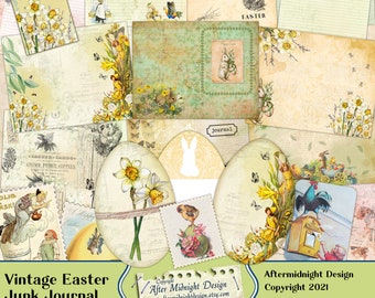 Vintage Easter Junk Journal, DIY Journal, Eggs, Rabbits, flowers, Digital journal pages