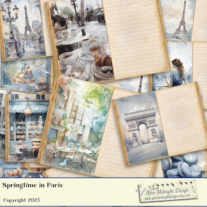 Páginas de diário de lixo de primavera em Paris, diário faça você mesmo, diário digital, kit de diário de lixo azul de Paris, kit de papel digital de Paris, Paris vintage
