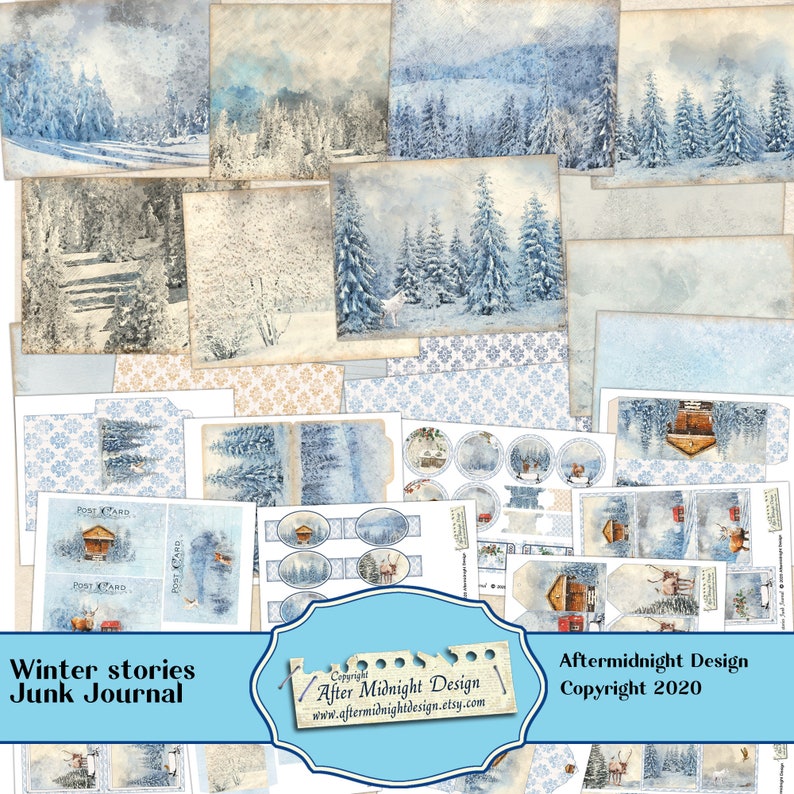 Winter Stories Junk Journal Kit, BIG Winter kit , DIY Junk journal, Forest landscapes, Animals, Digital journal pages image 1