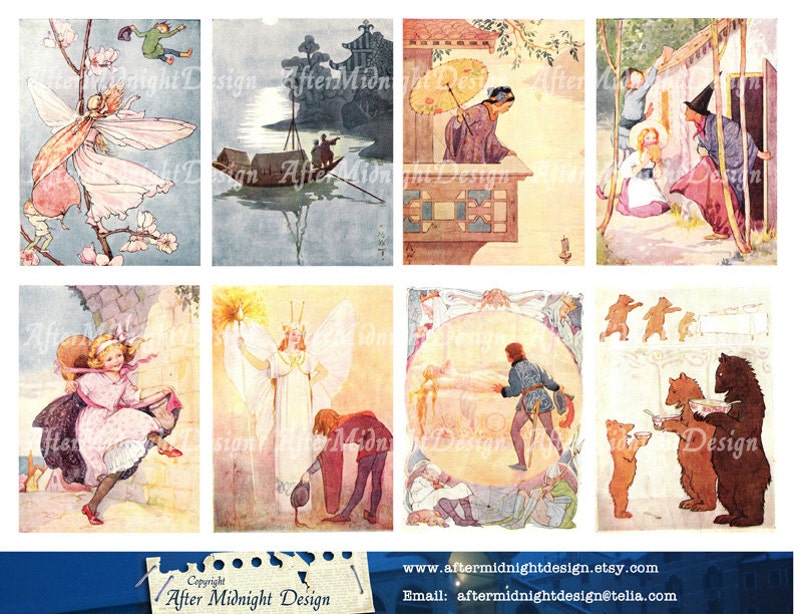 Postcard No 7 Fairytales Cards Tags Vintage Childrens Books Fairies Prince Princess Bear Animals