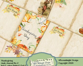 May include: A set of six printable digital papers featuring a Thanksgiving theme. The papers feature images of pumpkins, gourds, fall leaves, and the text "Thanksgiving Day" and "give thanks". The papers are designed for use in junk journals and other paper crafts. The papers are 11 inches by 8.5 inches and can be folded to create 5.5 inch by 8.5 inch cards.