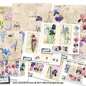 Könnte beinhalten: Junk Journal-Kit mit Iris, mit einer Auswahl an Papieren, Etiketten und Verzierungen im Vintage-Stil. Das Kit enthält eine Auswahl an Farben, darunter Lila, Rosa, Blau und Gelb. Das Kit ist perfekt zum Erstellen einzigartiger und personalisierter Journale.