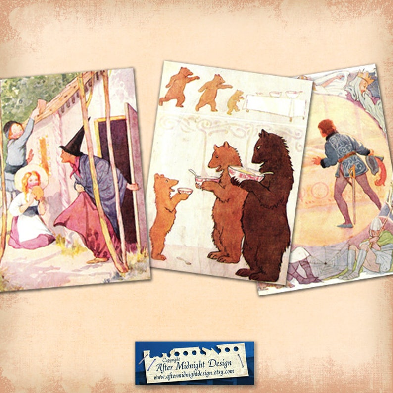 Postcard No 7 Fairytales Cards Tags Vintage Childrens Books Fairies Prince Princess Bear Animals