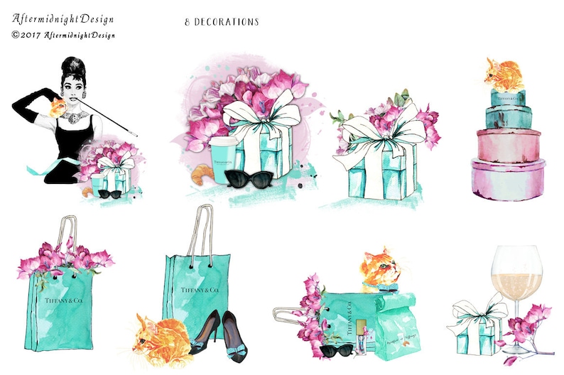 Audrey Hepburn Clipart Set: Breakfast at Tiffany's Fashion Illustrations (Digital Download, 31 PNGs) image 5