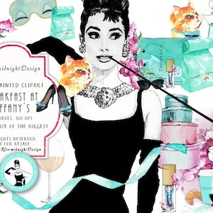 Breakfast at Tiffanys Clipart, Fashion Clipart Audrey Hepburn Illustration Portrait Girls Blog Planner Supplies Watercolor Champagne Cats