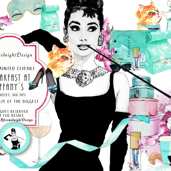 Breakfast at Tiffanys Clipart, Fashion Clipart Audrey Hepburn Illustration Portrait Girls Blog Planner Supplies Watercolor Champagne Cats