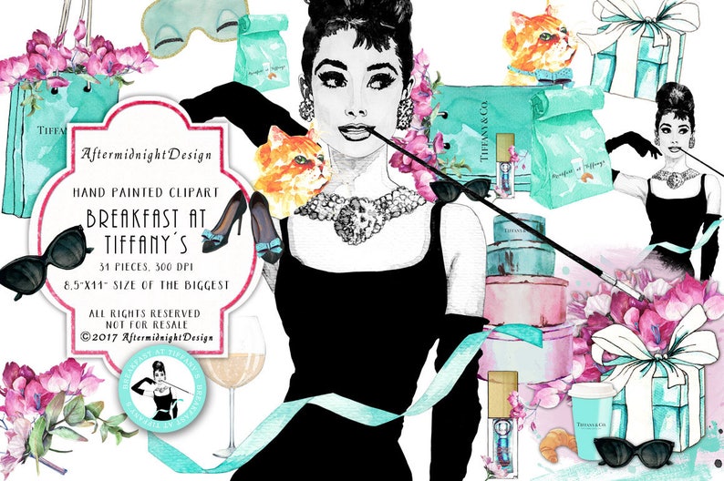 Audrey Hepburn Clipart Set: Breakfast at Tiffany's Fashion Illustrations (Digital Download, 31 PNGs) image 1