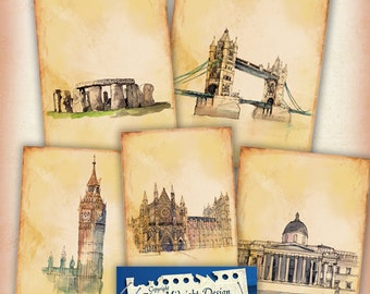 TAGS No 124.   British landmarks Digital collage sheet, vintage clip art, perfect for tags, notecards and digital scrapbooking.