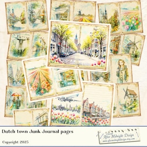 Diario imprimible de Dutch Town Traveler, Holanda, estilo grunge vintage, descarga digital, papel para álbumes de recortes, hojas de collage, efímeras de viaje