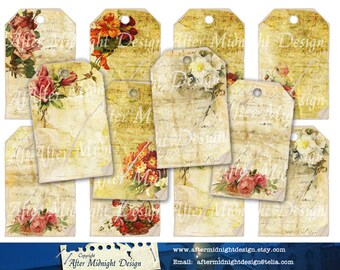 Tags No 49.   Instant download.  8 Shabby Grungy Vintage Tags. Flowers Rose Paris France Red  Flowers