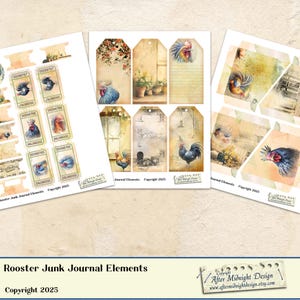 May include: A set of printable rooster junk journal elements. The elements feature a rooster, a window, and a house. The elements are in a vintage style with a distressed look. The elements are perfect for adding a touch of rustic charm to your journal.