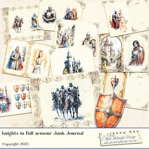 Knights in full armour, Medieval Junk Journal Pages, knights, kings, queens, castle printable, digital scrapbook papers, vintage ephemera
