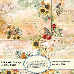 Fall Music Vintage Junk Journal Pages,  DIY Journal,  8,5x11 Pages, Autumn Woods, Fruit and Mushrooms