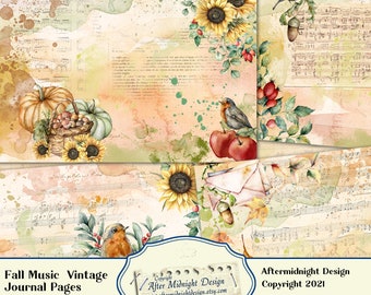 May include: A digital collage of vintage music sheet paper with watercolor illustrations of fall foliage, pumpkins, sunflowers, and robins. The text "Fall Music Vintage Journal Pages" and "After Midnight Design Copyright 2021" is included in the image.
