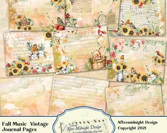 Fall Music Vintage Junk Journal Pages,  DIY Journal,  8,5x11 Pages, Autumn Woods, Fruit and Mushrooms