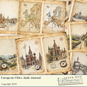 European cities, Teadyed paper, Printable Junk Journal Kit,Digital Download, Antique Scrapbook Paper, Collage Sheets, Travel Ephemera
