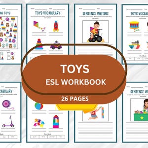 26 Toys ESL Lesson Bundle for Kids, Toys vocabulary Workbook, English school workbook, Printable Worksheets, Primary Elementary Education
