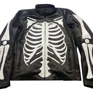 Men’s black Skeleton Bone Rider Jacket Genuine Cowhide Leather Motorcycle Jacket Best Gift For Him