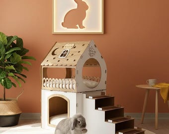 Casa de madera para conejos de interior, conejera de 2 niveles para interiores, jaula moderna para conejos, casa para cobayas, muebles para mascotas pequeñas