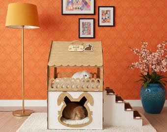 Indoor Wooden Rabbit House, 2 Tier Bunny Hutch Indoor, Modern Bunny Cage, Guinea Pig House, Small Pet Furniture