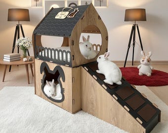 Luxury 2 Tier Wooden Rabbit House Indoor, Bunny Hutch, Modern Large Pet Furniture, Guinea Pig House, Stylish Bunny Cage