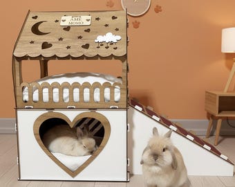 Casa para mascotas Love Design, Casa de madera para conejos de interior, Jaula para conejos de 2 niveles para interiores, Jaula moderna para conejos, Casa para cobayas, Muebles para mascotas pequeñas