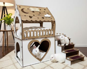 Casa moderna para conejos, Casa para mascotas Love Design, Casa de madera para conejos de interior, Jaula para conejos de 2 niveles para interiores, Jaula moderna para conejos, Casa para cobayas