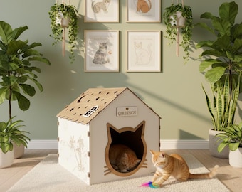 Casa para gatos personalizada, casa de madera para gatos de interior, escondite personalizado para mascotas, refugio para gatos, cama moderna para gatos, muebles para gatos