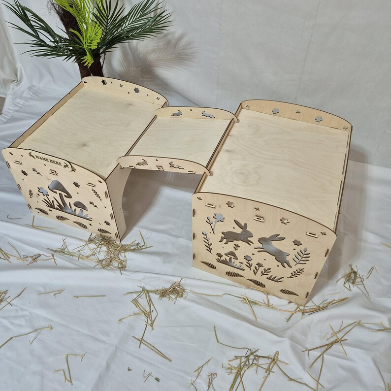 Modular Wooden Bunny House – 2-piece Rabbit Habitat With Tunnel Bridge ...