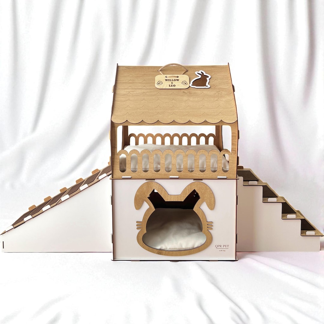Wood Rabbit Ladders Wooden Rabbit House With Ramp & Ladder – Two-story Comfortable Bunny ...