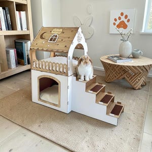 Luxury Wooden Rabbit House – 2-Story Bunny Bed with Optional Cushions & Nameplate – Handmade Indoor Pet Furniture, Indoor Rabbit House